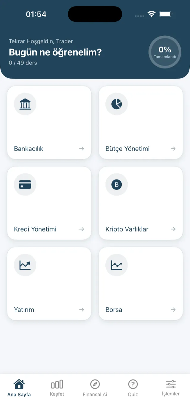 LearnInvest ana ekranı: ders kategorileri