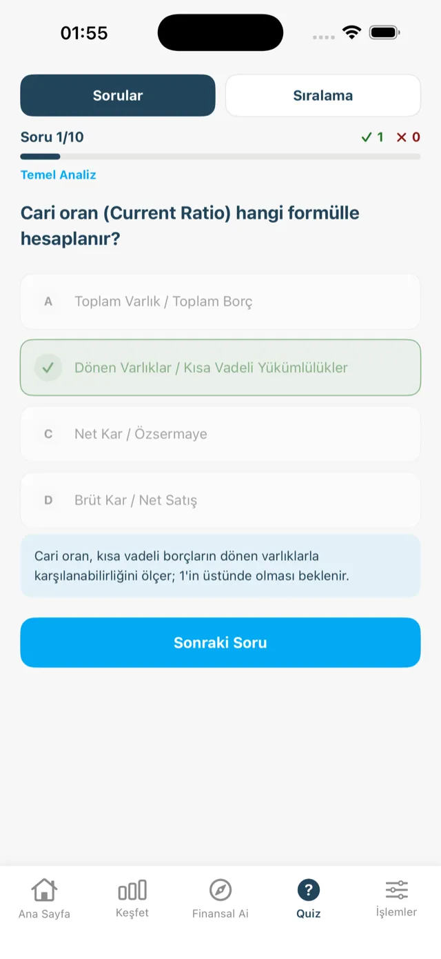 LearnInvest quiz ekranı